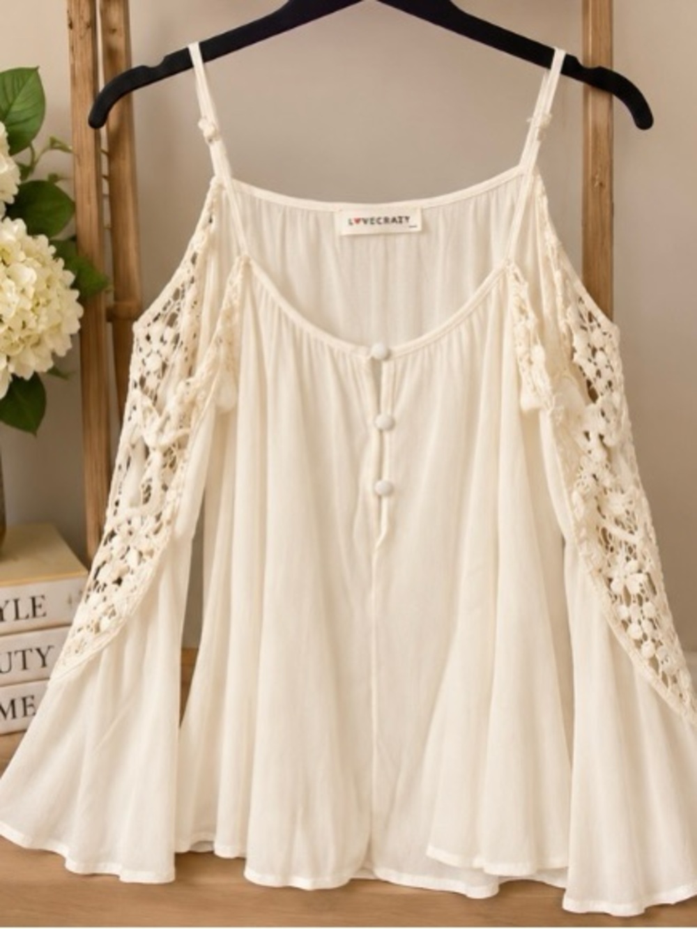 Lovecracy Ivory Cream Crochet Cold Shoulder Blouse Size S